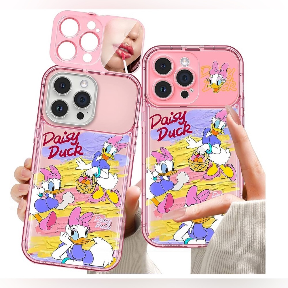 New Daisy Duck Cartoon Phone Case with Makeup Mirror for iPhone 13 Pro